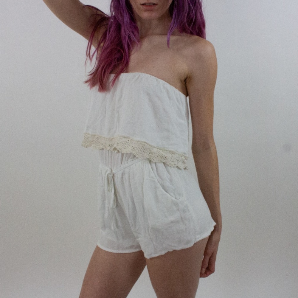 Forever21 White Lace Fringe Bandeau Bodysuit
